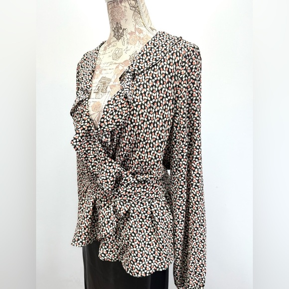 MAX STUDIO Black pink white floral print surplice tie waist top size L - Picture 3 of 13